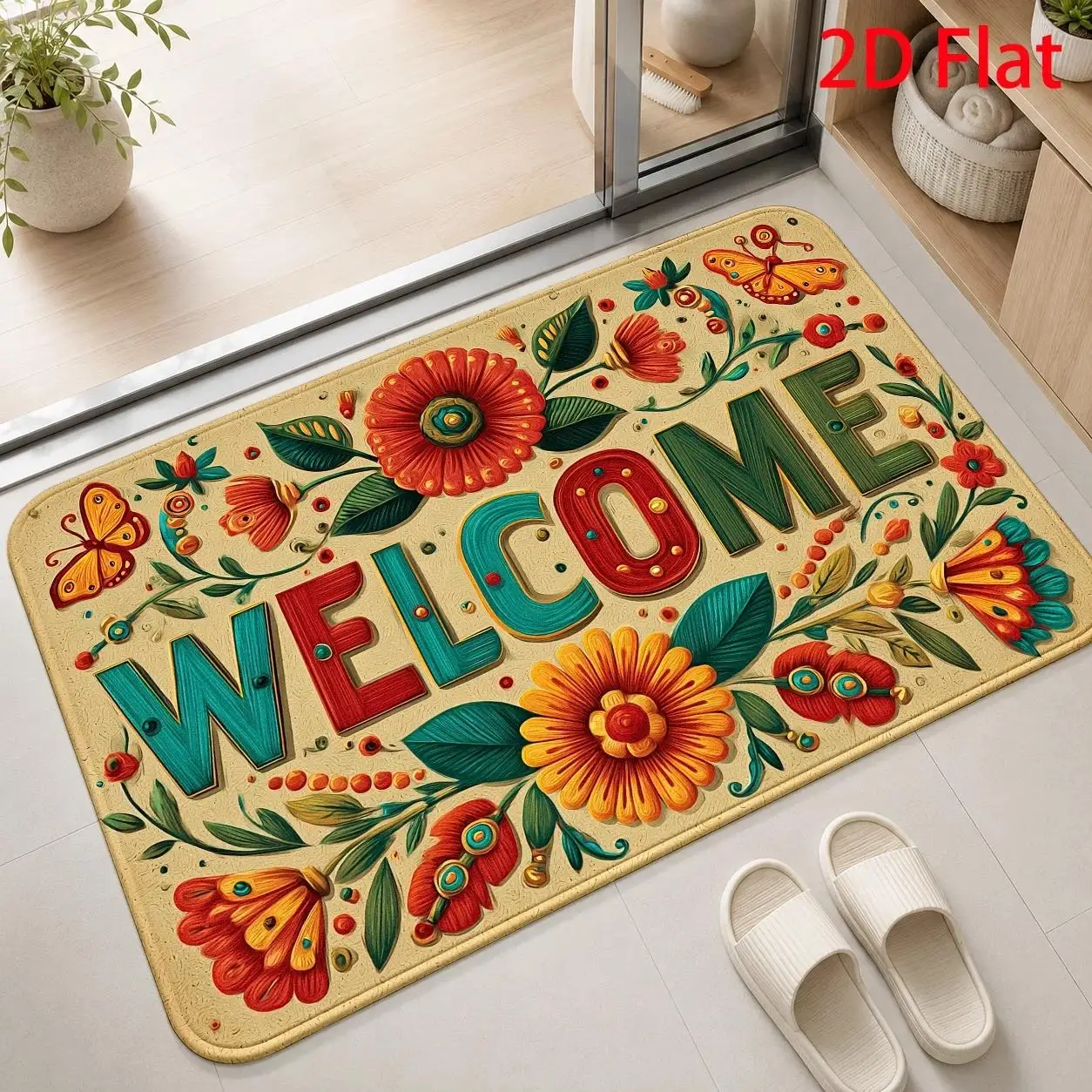 Colorful Floral Butterfly Welcome Rug For Bright Entryway Cheerful Greeting Non Slip Indoor Floor Mat