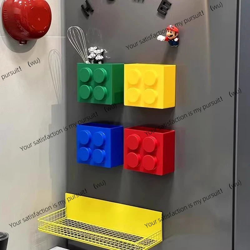 Magnetic building block storage rack, kitchen non-punching refrigerator storage box, wall-mounted container