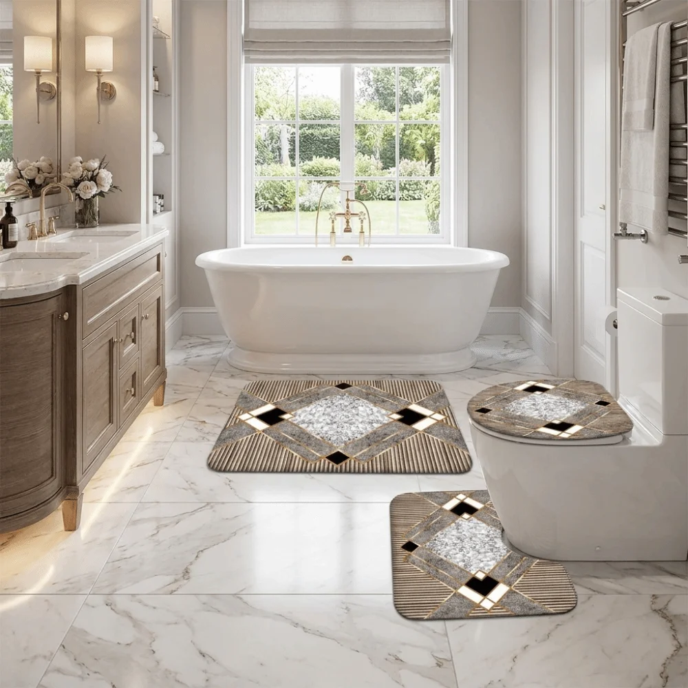 3PCS/SET Marble Pattern Bath Mat Set Super Absorbent Quick-Dry Bathroom Mat Soft Wear Resistant Non-Slip Rug Indoor Use