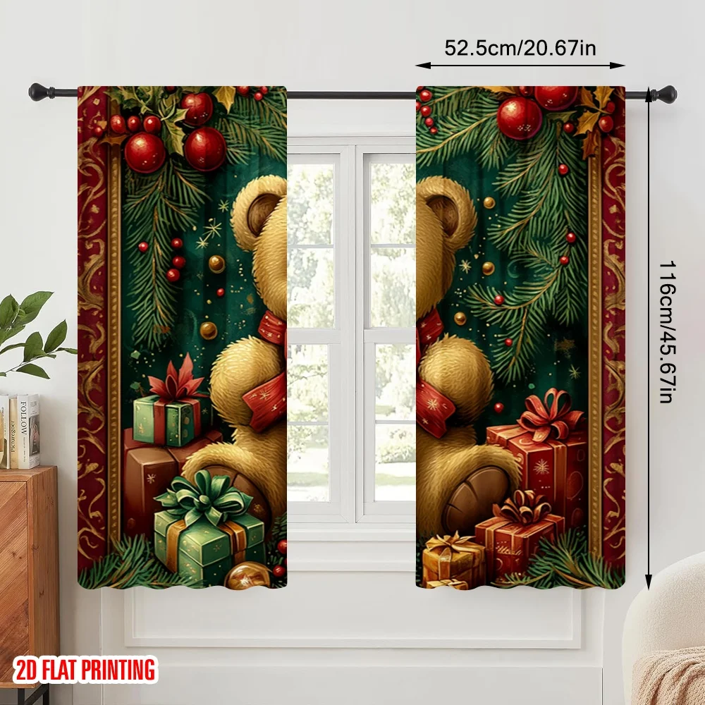 2pcs,2D plane printing Minimalist Curtains Christmas Bell Teddy Bear Gifts Polyester Easy Install (without rod) Decorations