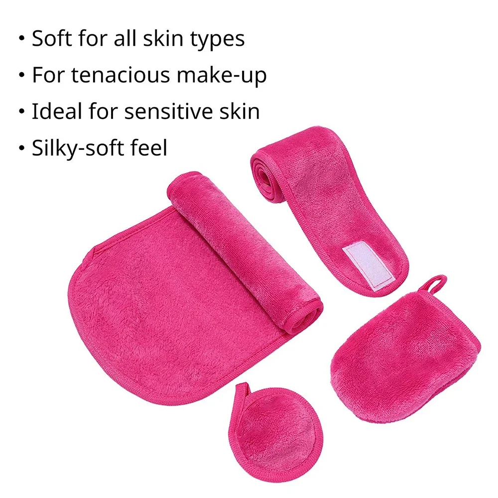 4Pcs/Set Reusable Makeup Remover Cloth Set Face Clean Towel Washable Microfiber Wipes Face Cleansing Pad Gloves Facial Headband