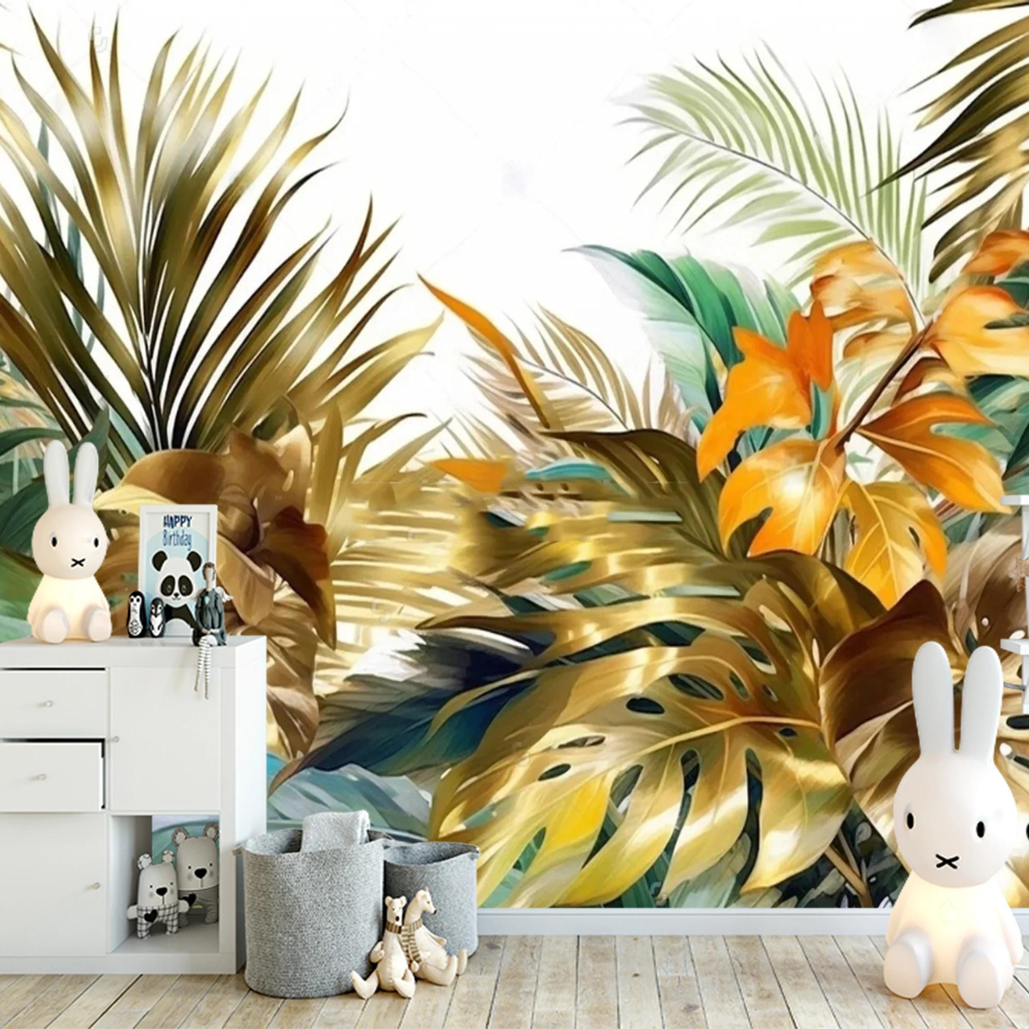 Golden Tropical Leaves Wallpaper Mural Green Gold Monstera Palm Leaf Wall Art For Living Room Bedroom Home Decor