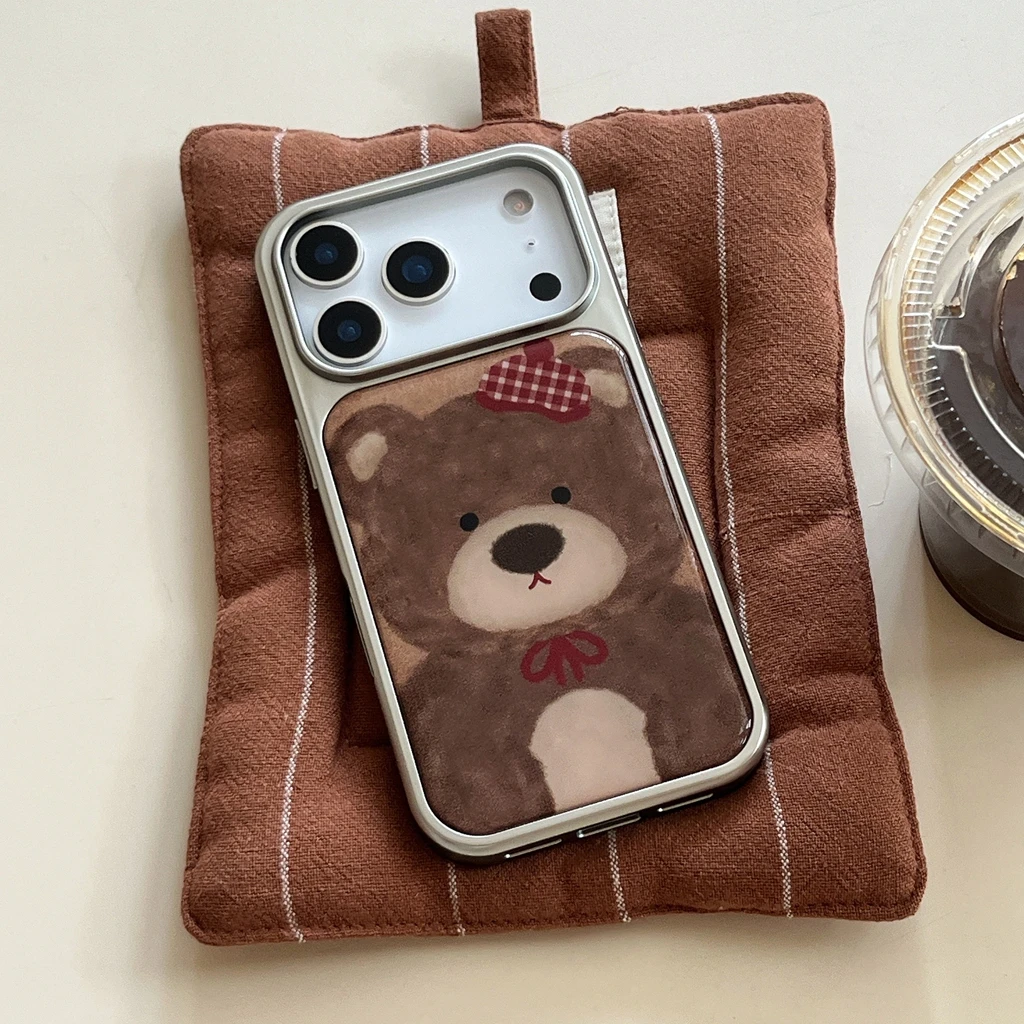 الكرتون لطيف الدب البني الأحمر قبعة Bowknot قطرة الغراء الفضة الحدود صدمة برهان غطاء الهاتف القضية آيفون 17 16 15 14 برو ماكس