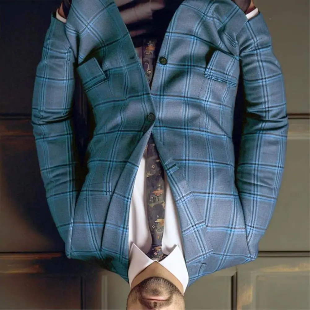 Men Suit Coat Formal Business Style Plaid Print Long Sleeve Single Button Closure Mid Length Straight Cardigan Work Office Coat
