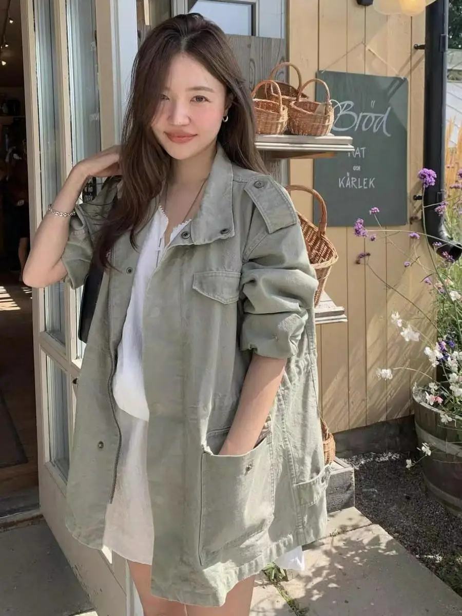 Tannat Autumn 2026 Women's Korean Style Workwear Windbreaker Jacket Medium Length Utility Pocket Detail Loose Fit Zipper Closure