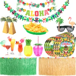 Aloha Banner Hibiscus Flower Garland Hawaiian Party Decorations Luau Grass Table Skirt Summer Beach Tropical Birthday Supplies