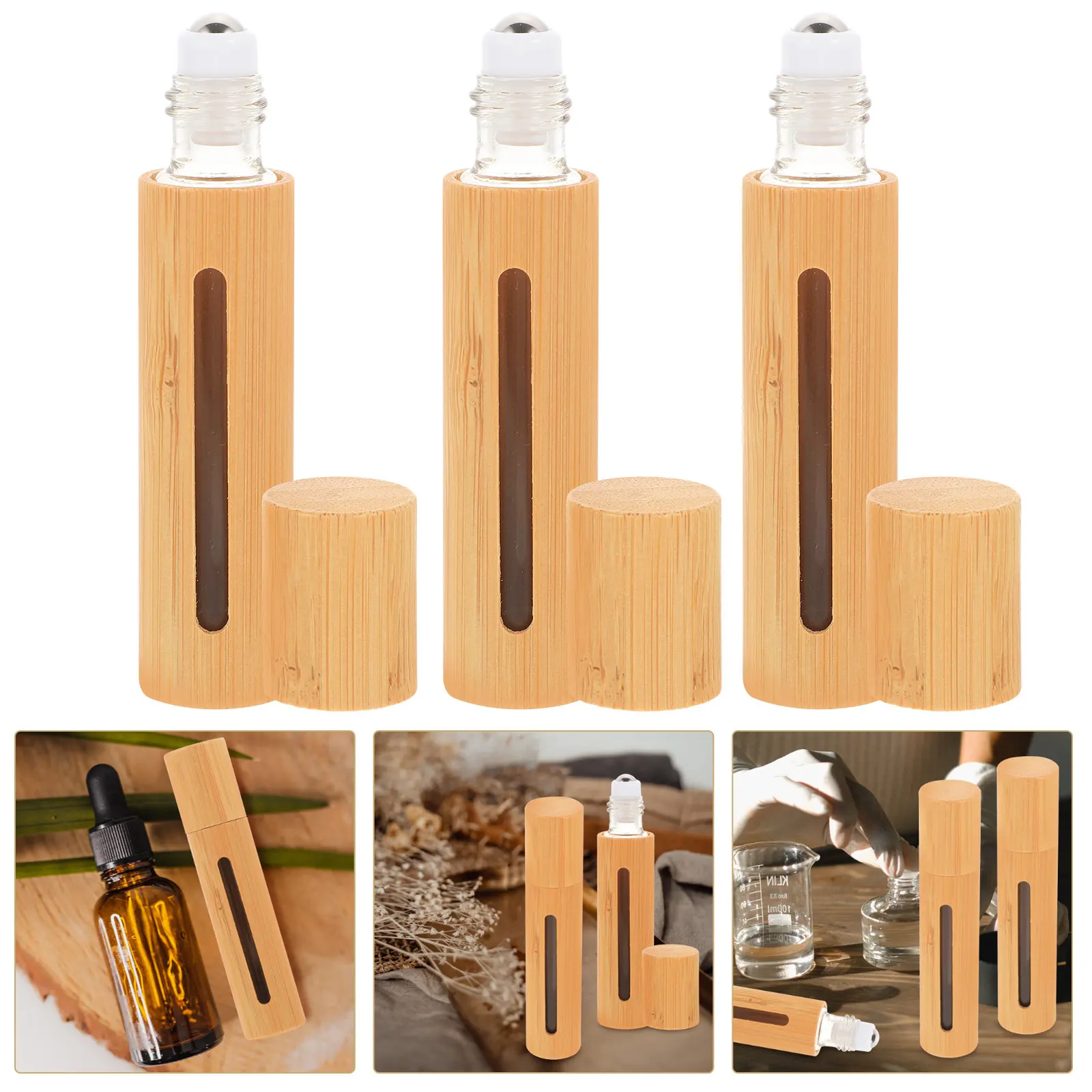

3Pcs Bamboo Essential Oil Roller Bottles Leak-Proof Refillable Travel Perfume Sample Bottles Smooth Stainless Steel Beads