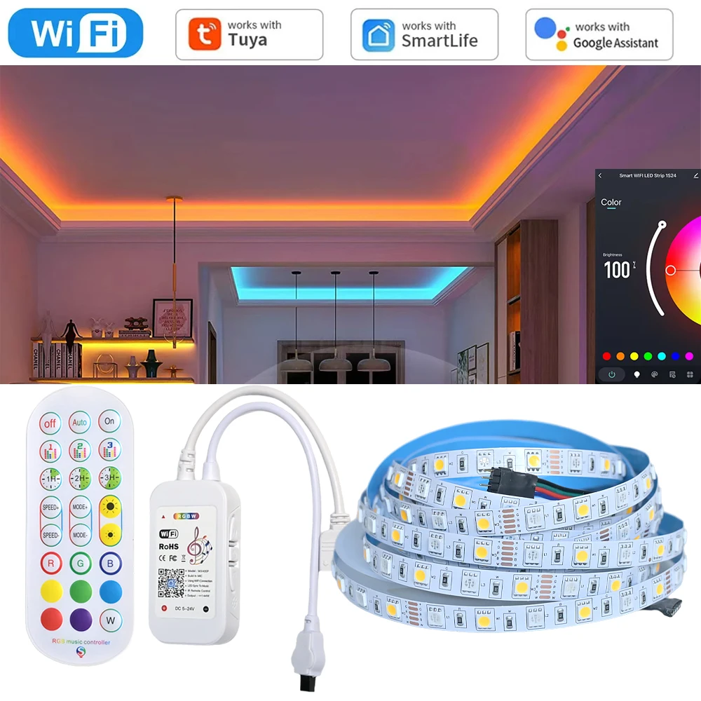 Tuya Smart WiFi RGBWW RGBW 5050 SMD LED Strip 12V 5M 10M Flexible Dimmable Bed Room Light Decor Remote Control for Alexa Google