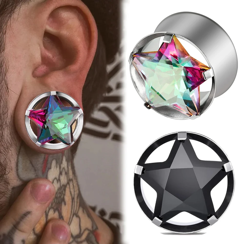 Dreamlee  2PCS Ear Plugs Tunnels Pentagram Star Zircon Expander Ears Gauges Stainless Steel Stretchers Piercing Jewelry Earrings