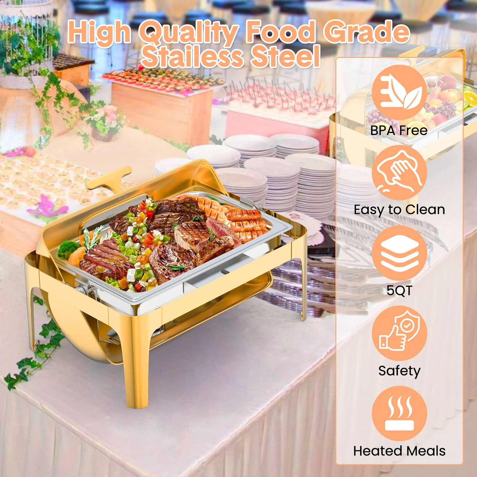 9QT Roll Top Chafing Dish Set, Full Size Stainless Steel Buffet Food Warmer with Glass Window Lid, Water Pan, Fuel Holder, Folding Stand, Commercial Catering Equipment for Hotels, Weddings, Parties