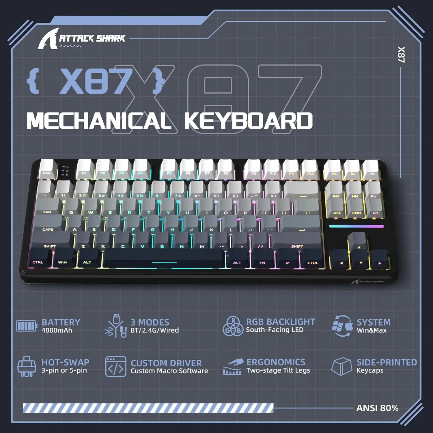 Teclado mecânico com junta tri-mode Attack Shark X87, layout ANSI