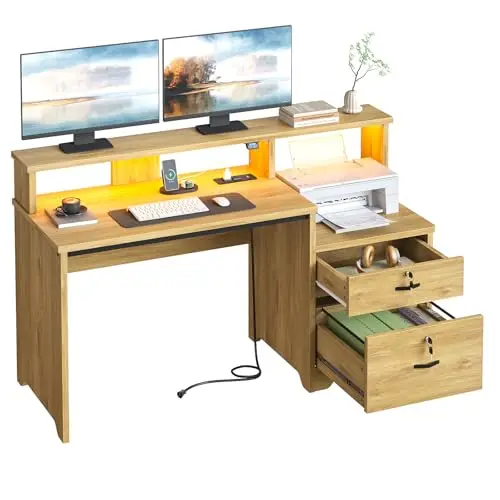 55-Inch Computer Desk with Power Outlets & LED Lights, Natural Oak | Power Station 2 AC + USB-C, Lock File Drawer, RGB