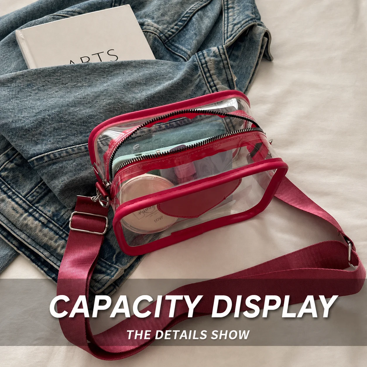 Transparent Jelly Crossbody Bag Smooth Small Square Handbag Heart Decor Shoulder Bag Leather Pvc Plastic Crossbody Bag For Daily
