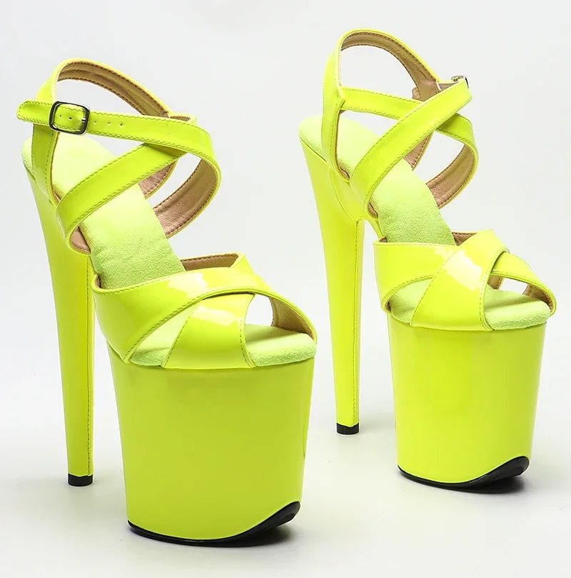 Leecabe  20cm/8inch Shiny Patent  PU  neon Yellow color high heel sandals   sexy model shoes pole dance shoes