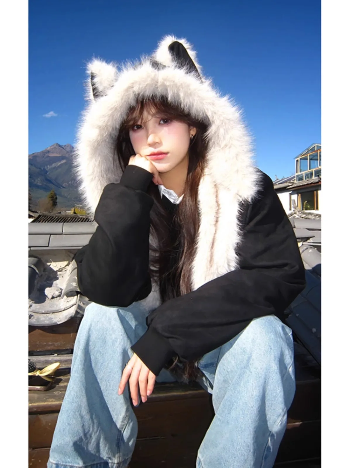 

American Sle ort Ear Mountain Eagle Jaet Loose Fit Men's Winter Cotton Coat Trendy Brand Hooded Casual Outerwear