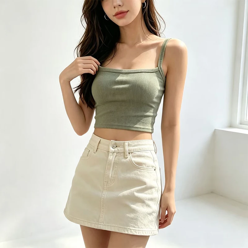 Vertical Ribbed Thin Strap Camisole Women Square Neck Solid Color Slim Cropped Fitted Daily Layering Tank Top