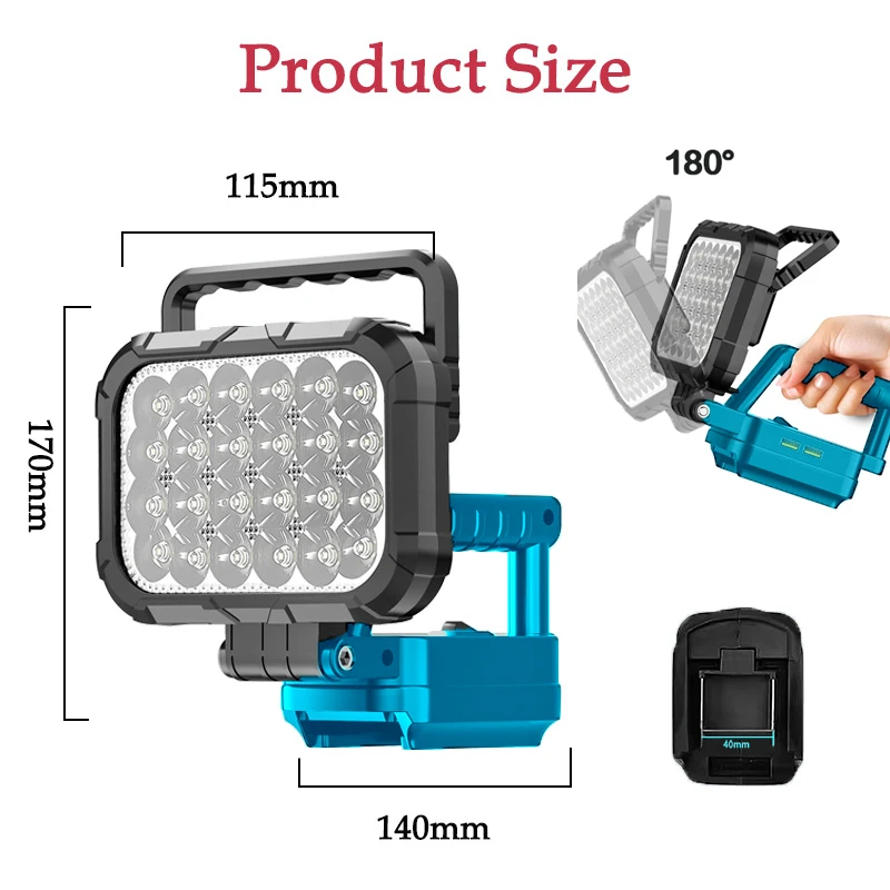 2 Mode Far/Low Beam Portable Work Light For Makita 14.4-20V Battery Outdoor Flashlight Spotlight Floodlight With USB Power Bank