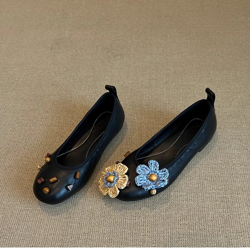 

Women's Floral Stud Flat Round-Toe Slip-On Mary Jane Shoes for Lolita Dress Office Wear Comfortable Flat Footwear