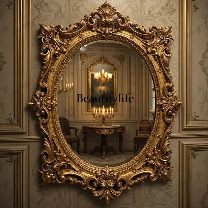 French retro decorative mirror wall-mounted living room bedroom dressing mirror, high-end carved oval mirror