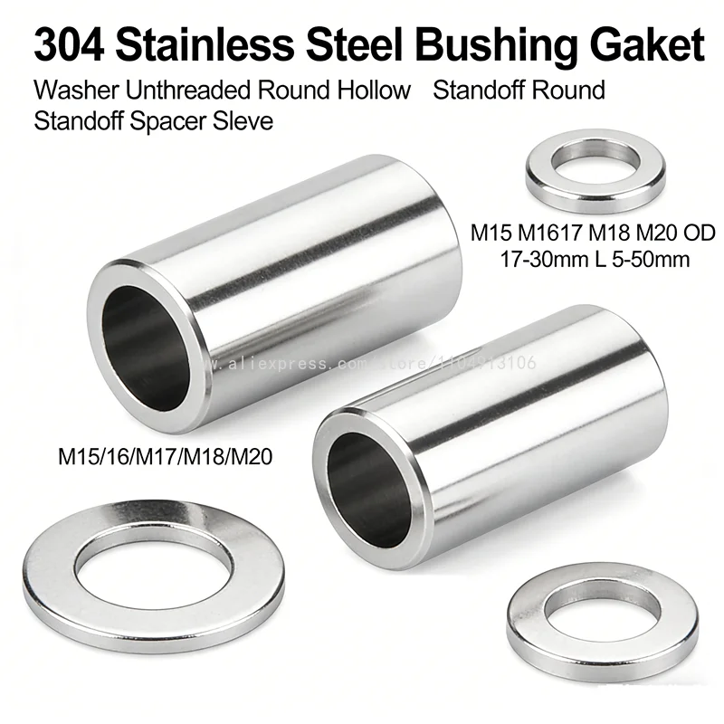 M15 M16 M17 M18 M20 304 Stainless Steel Bushing Gasket Washer Unthreaded Round Hollow Standoff Spacer Sleeve OD 17-30mm L 5-50mm