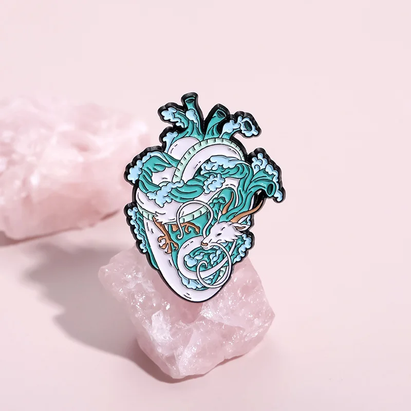 Cartoon White Dragon Badge Brooch Pins Creative Organ Heart Wave Shape Enamel Lapel Pin Accessory On Backpack Clothing Ornament