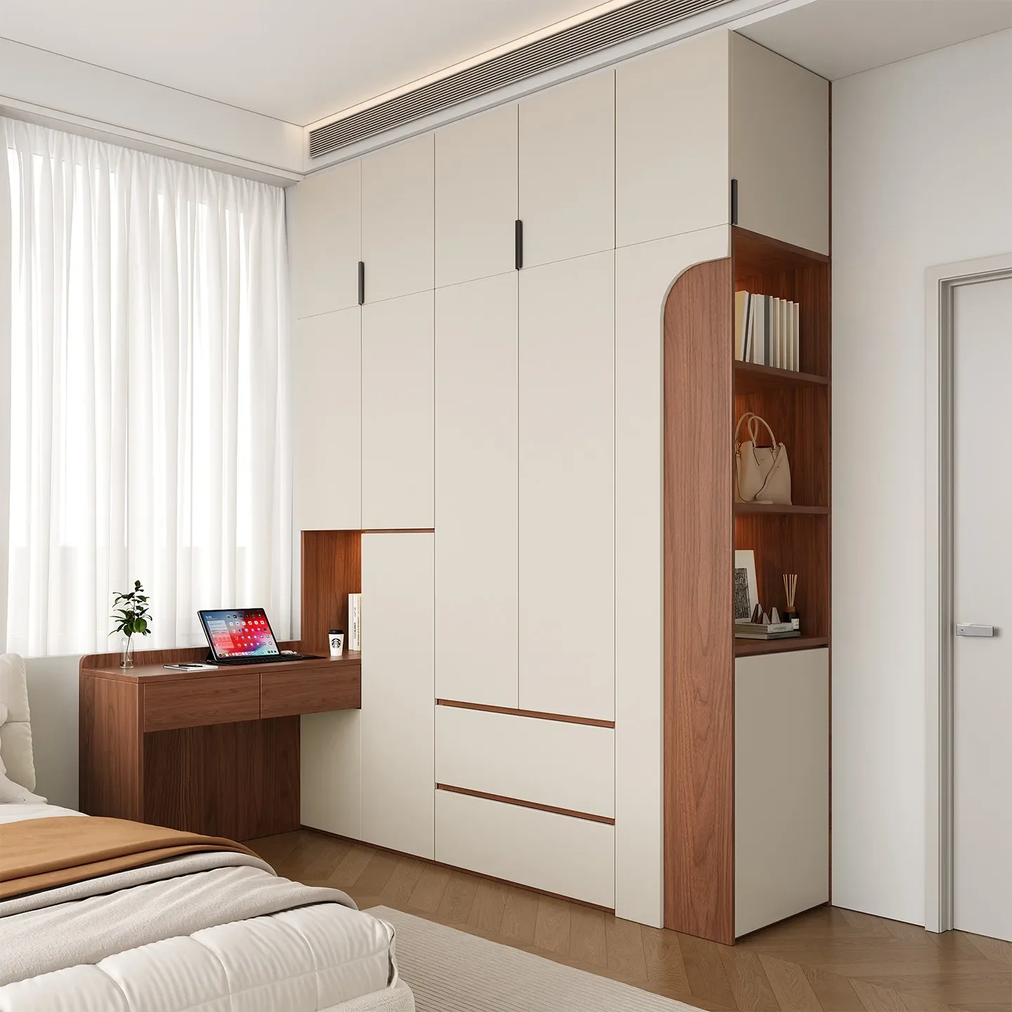 Solid wood wardrobe with desk integrated L-shaped corner wardrobe, home bedroom segmented corner wardrobe combination