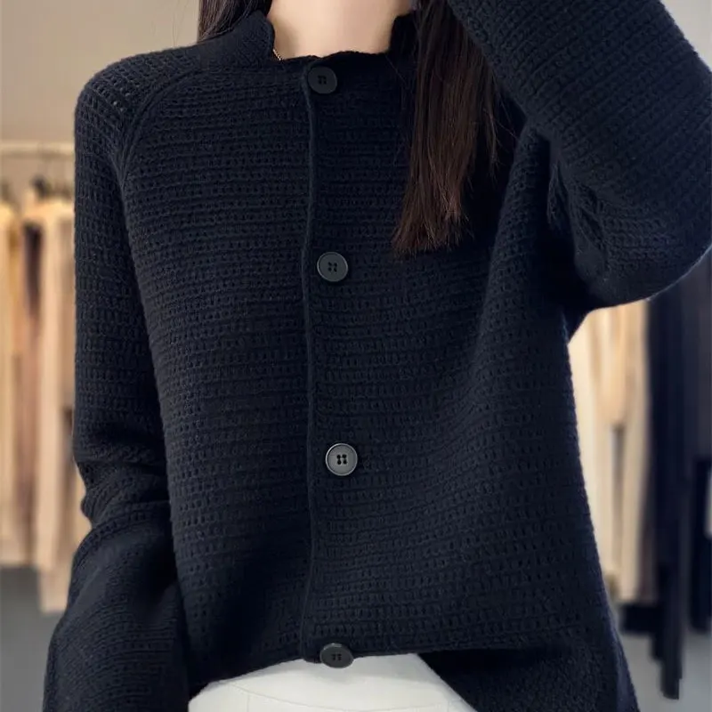 Female Clothing Stand Collar Cardigan Spring Autumn Casual Single-breasted Basic Solid Color Stylish Hollow Out Knitted Sweaters