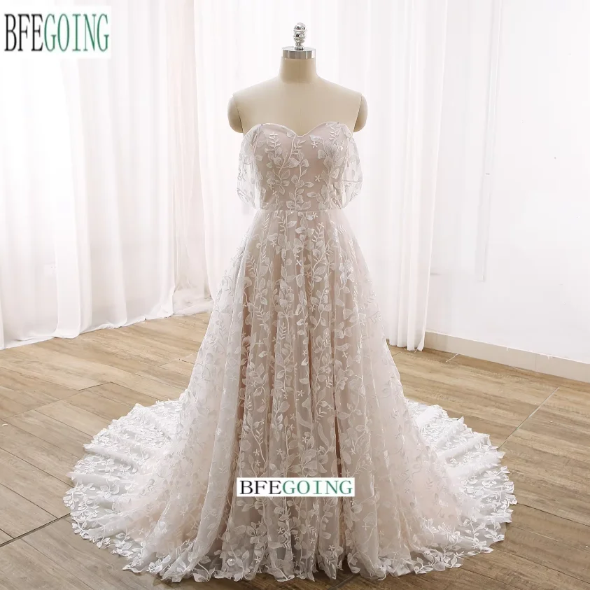 

Кружевные свадебные платья трапециевидной формы с шлейфом часовни, индивидуальные свадебные платья с открытыми плечами в форме сердца, длиной до пола