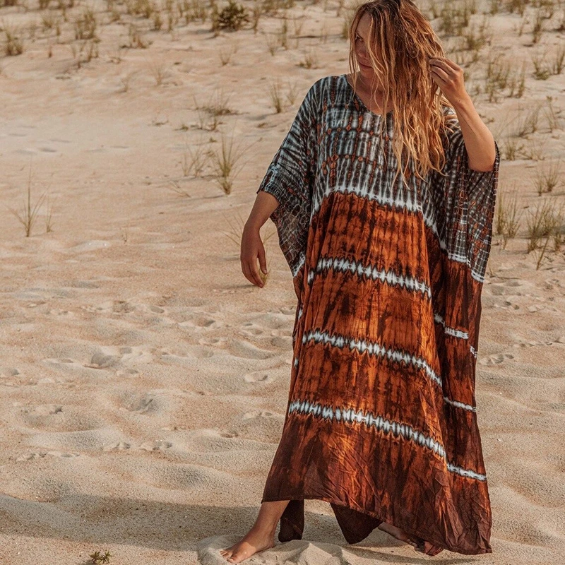 Exotic Tie Dye Kaftan Morroco Vibe Flowy Maxi Dress Women Tribal The Sahara Desert Stylish Striped Print Viscose Caftan Cover Up