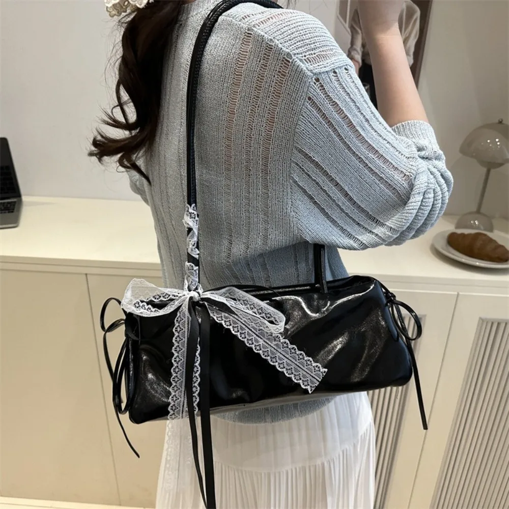 New Bow Lace Shoulder Bag Solid Color PU Leather Women Armpit Bag Casual Small Square Bag Lady Handbag