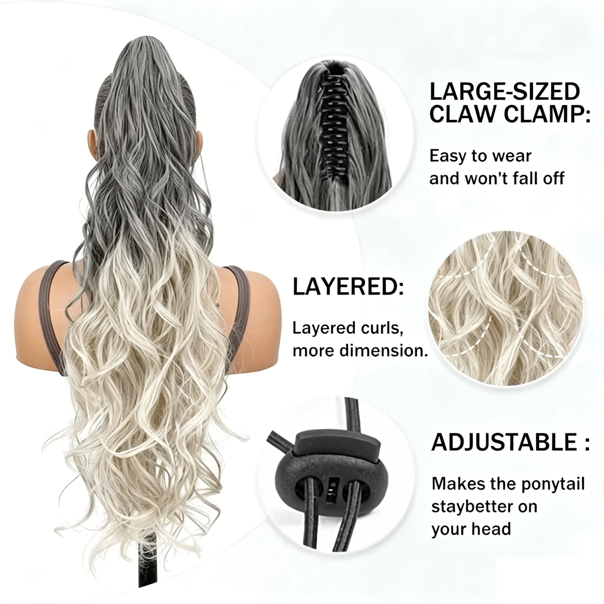 Ombre Colored Claw Shaped Synthetic Ponytail Extension Hair Accessory Water Wave Ponytail Wig Suitable for Women's Daily Use