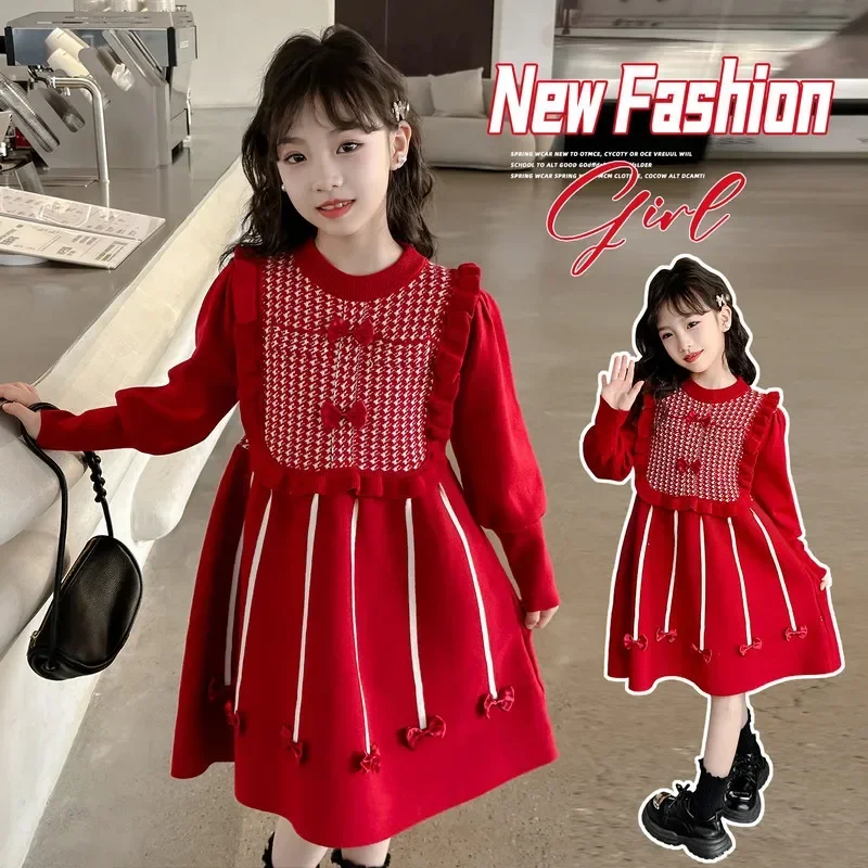 Vestido Girl Dresse Fashion Princess Dresses Bow Hair Dress Sweet Knitted Long Dress Casual Dresses Dress for Girl ملابس اطفال