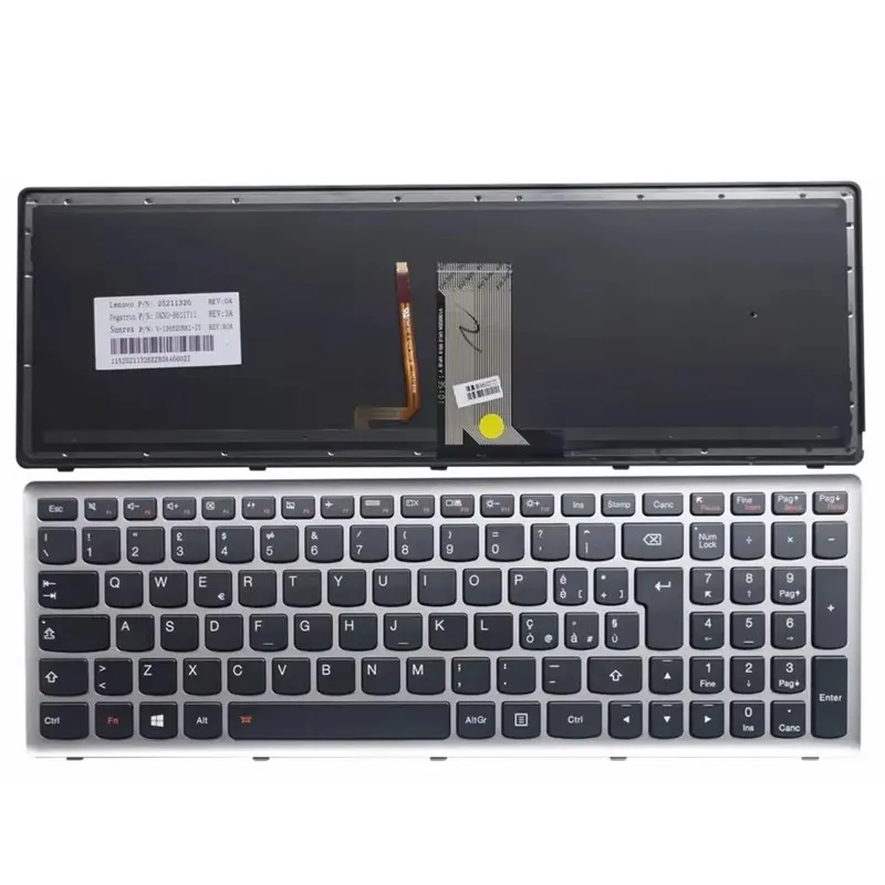 US/RU/UK/IT/BE/SL/BG/NW/EF/SA/ Klawiatura do laptopa Lenovo Ideapad Z710 U510 srebrna ramka z podświetlanym podświetleniem — zdjęcie 2