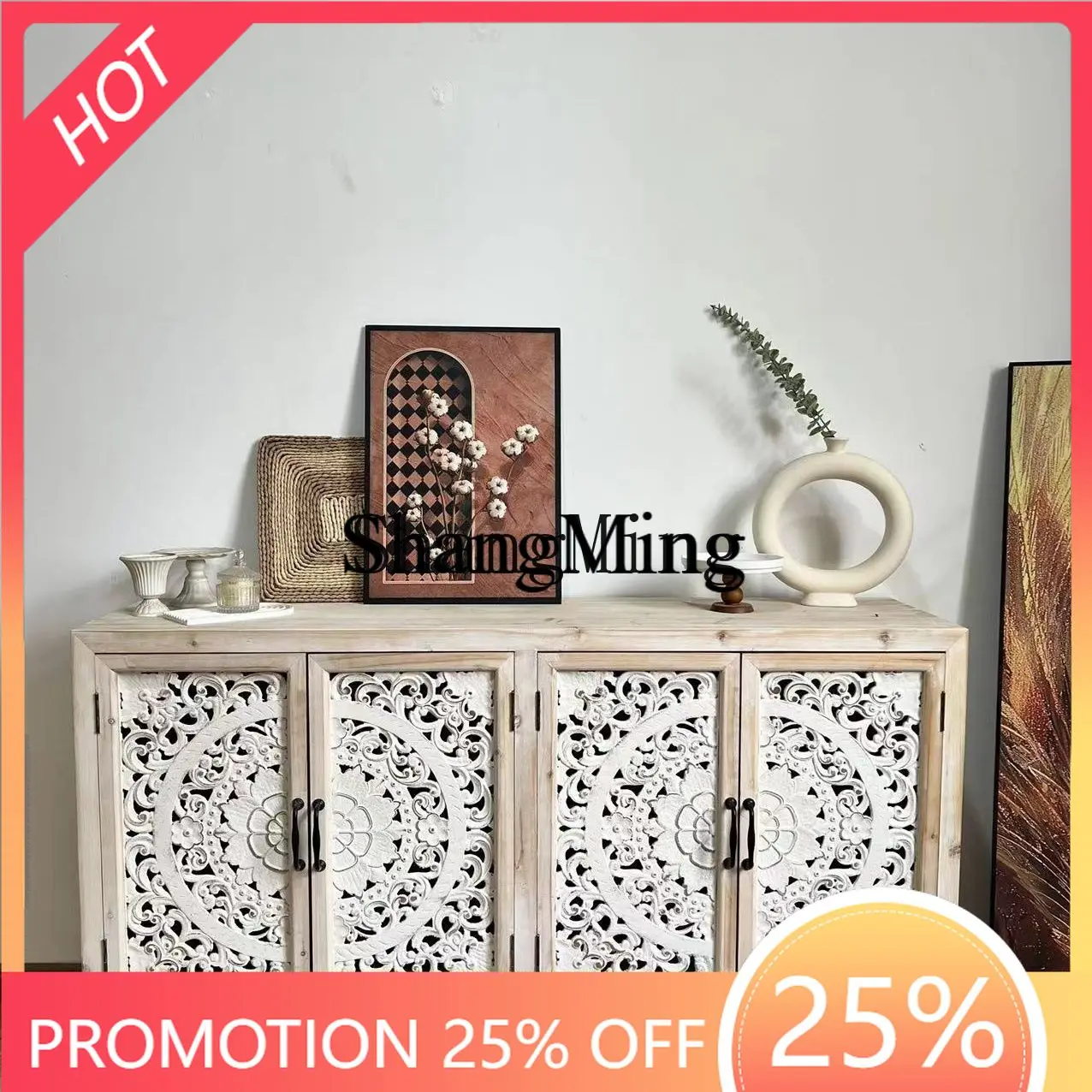 SM new household simple retro entrance cabinet pastoral four-door dining side cabinet carved decorative cabinet