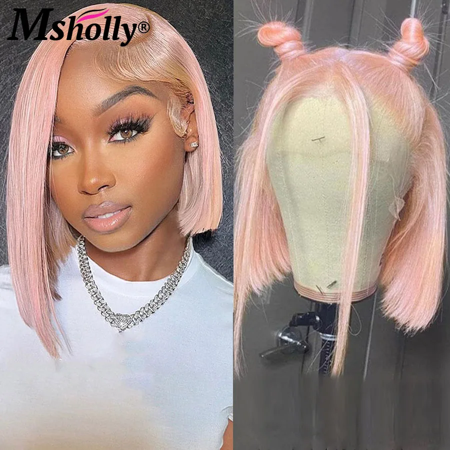 Pink Short Bob Wigs Human Hair For Women 180% Density Pink Colored Short Bob Human Remy Hair Wigs Straight PrePlucked Wigs