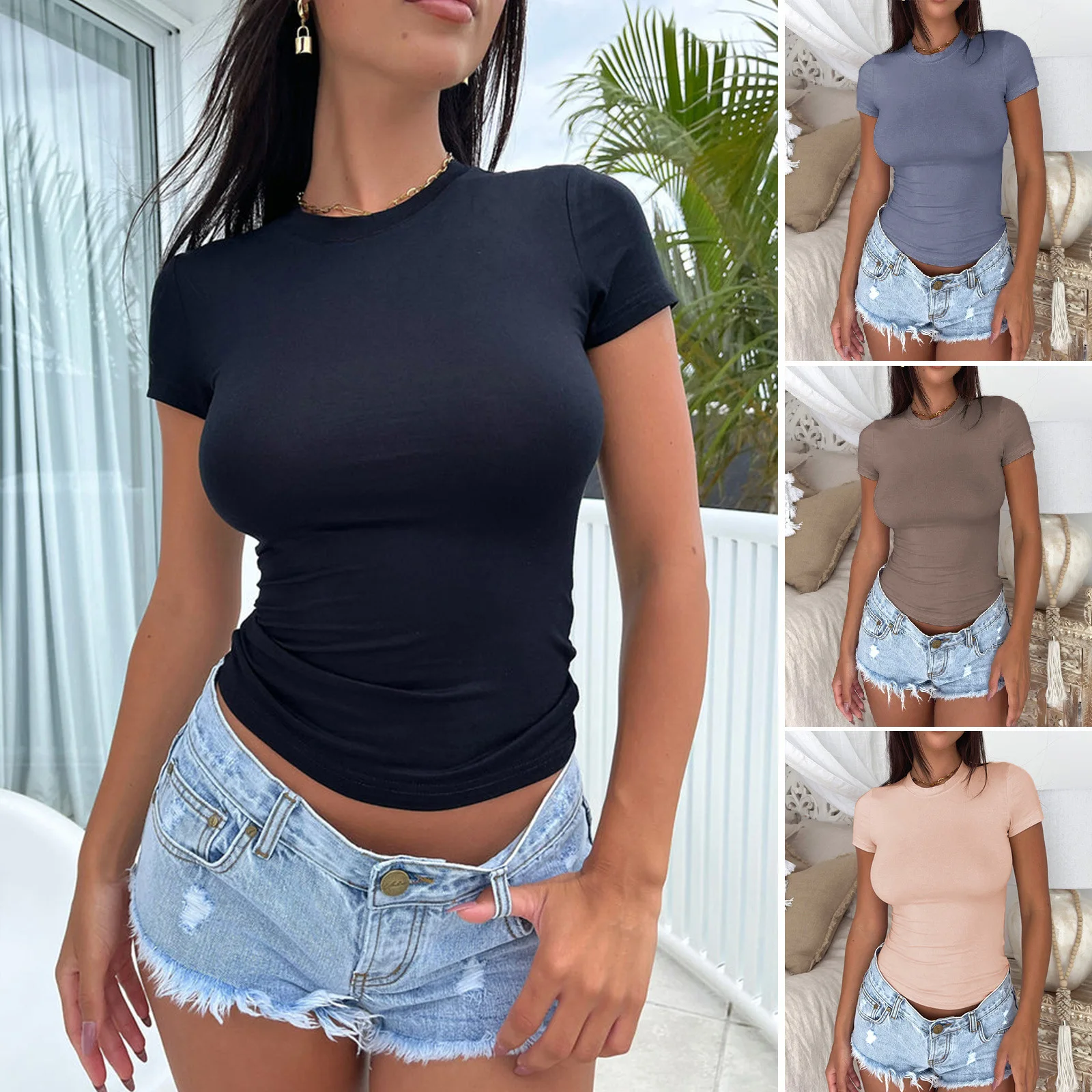 2025 Spring Summer Y2K Style Women's Solid Color Fitted Slim Short Sleeve T-Shirt - Euro US Cross-Border Bestseller