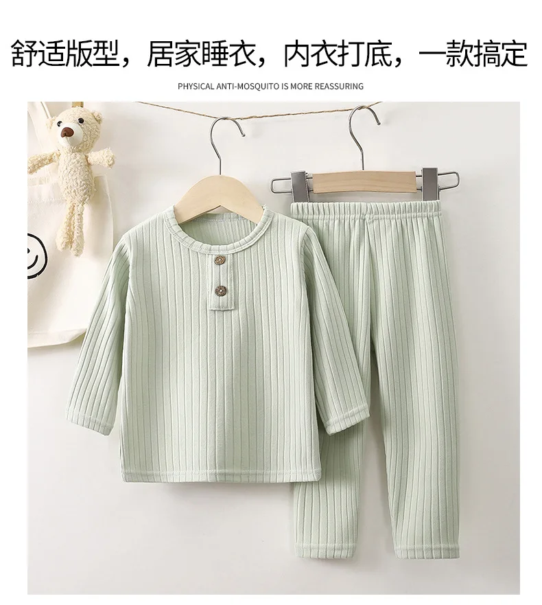Herbst-Winter Jungen Fleece-Wärmeset Mädchen Lässige Langarm-Hosen Kinder Weiche Freizeit-Pyjamas Babys Kinder Unterzieh-Oberteile – Detail 4