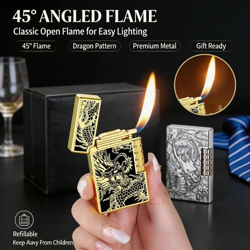 New Metal Steel‑Sound Dragon Oblique‑Fire Balloon Butane Gas Lighter, Practical Side‑pull Ignition Mechanism