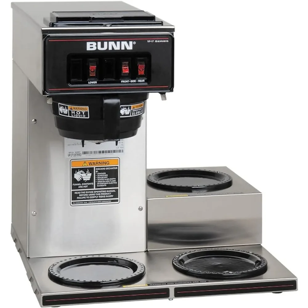 

BUNN VP17-3, 12-Cup Low Profile Pourover Commercial Coffee Maker, 3 Lower Warmers, 13300.0003,Silver