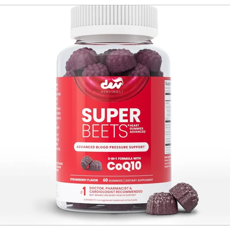 Advanced heart-shaped gummies - Coenzyme Q10 100mg with beetroot powder and grape seed extract, Super Beet gummies 60 capsules