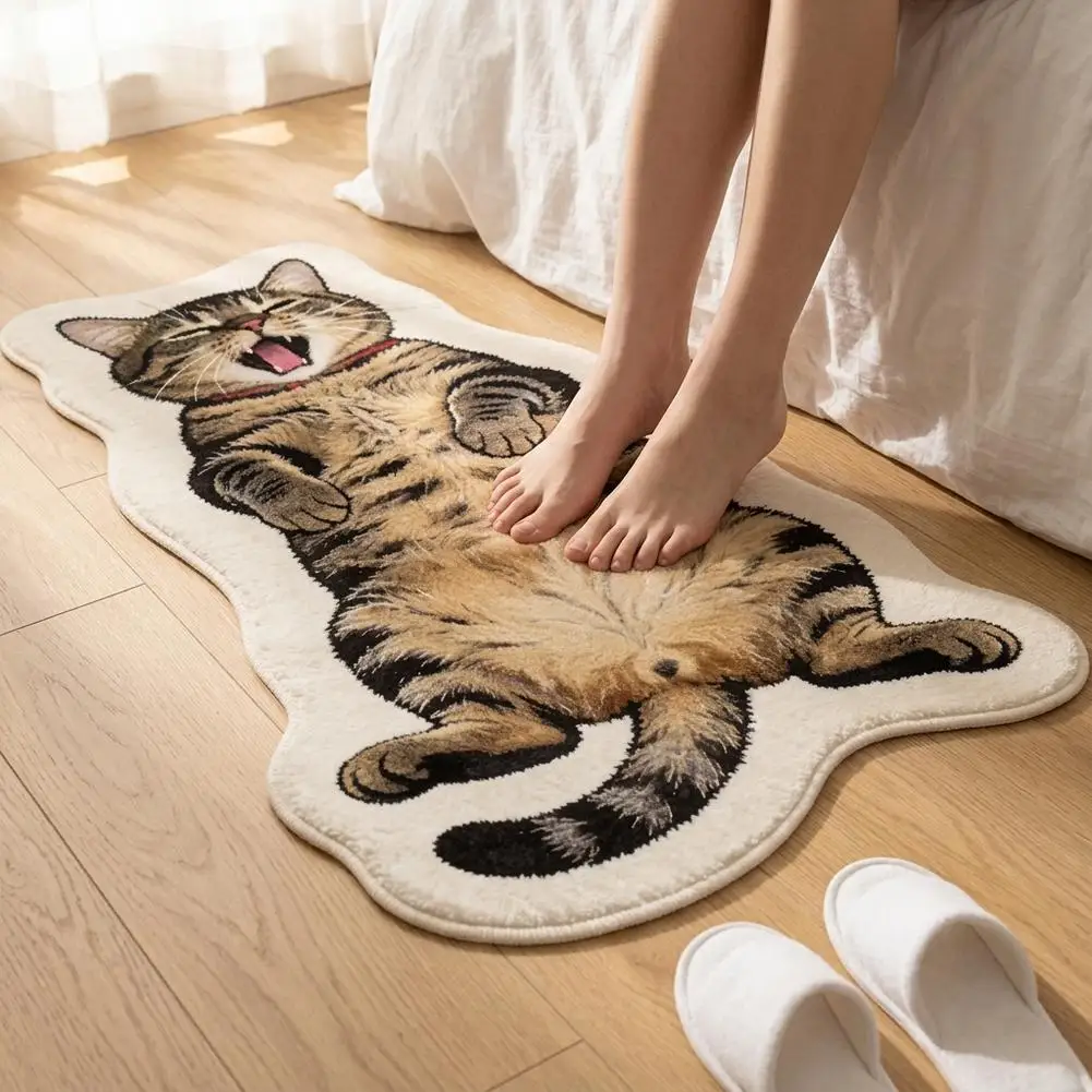 Cute Cat Shaped Irregular Rug, Soft Plush Polyester Floor Mat, Non Slip Decorative Bedroom Bedside Carpet For Cat Lovers Home