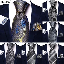 Hi-Tie White Grey Paisley 2024 New Mens Tie Hanky Cufflink Set Silk Necktie For Men Wedding Party Business Men Tie Fashion Brand