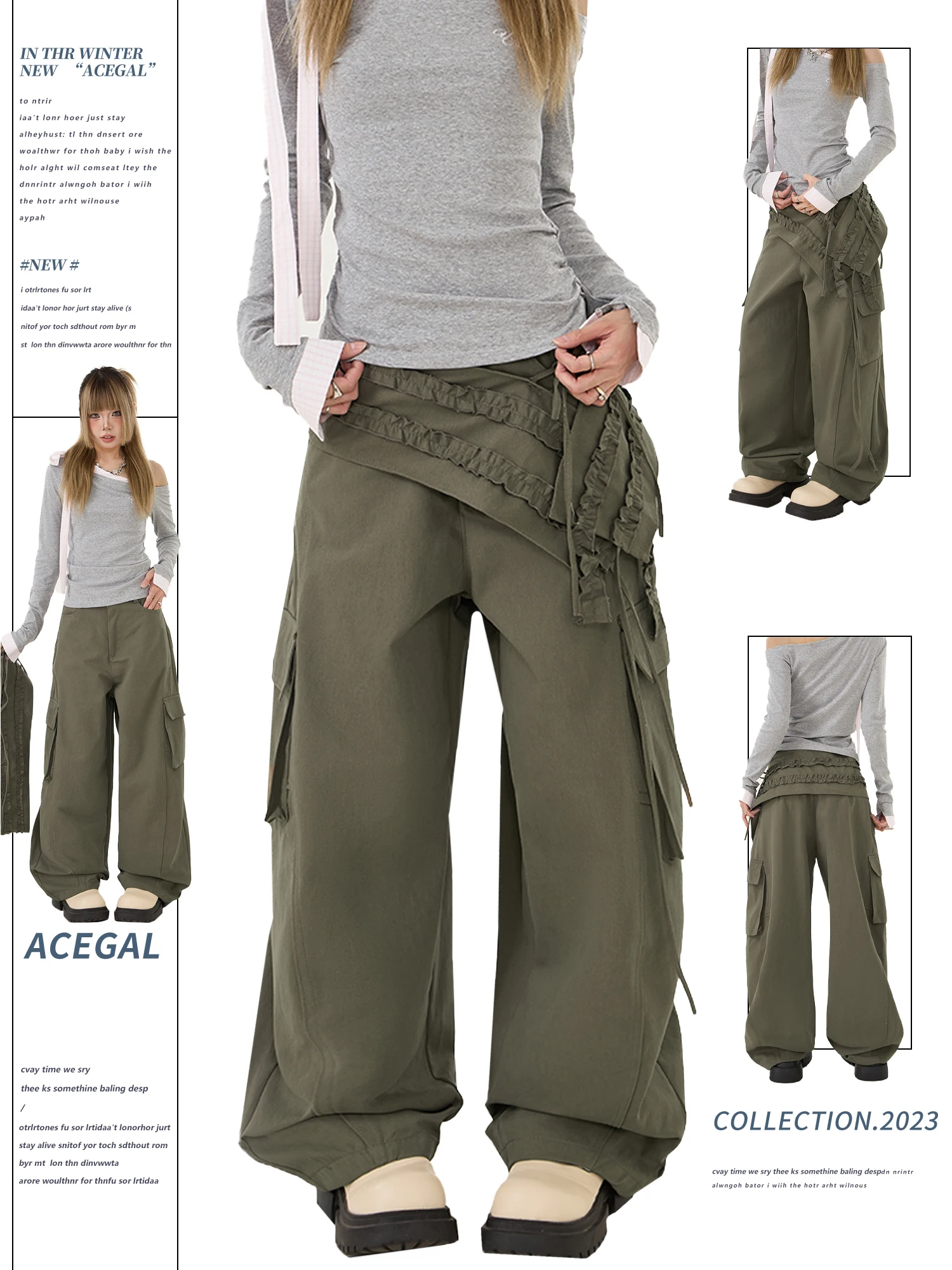 

American Sle Casual Pants Women's Detachable Loose Wide Leg Workwear Trousers Draped Gored Hem Fake Two-Piece Cotton Blend