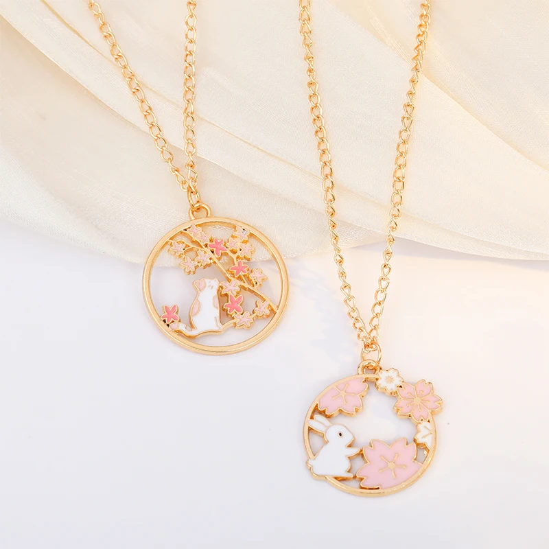 Cute Cartoon Necklace Sakura Bunny Cat Panda Hollow Fashion Creative Garland Pendant Ladies Girls Jewelry Accessories DIY Gift