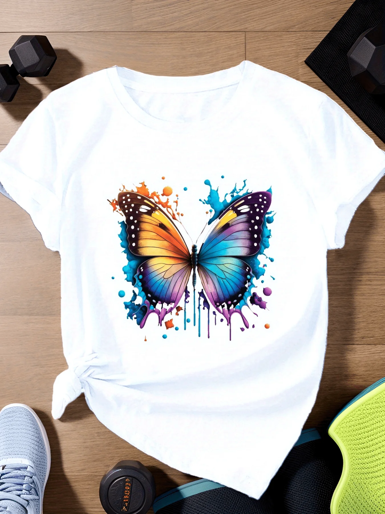 Plus-Size Women's S-Size Short-Sleeve T-Shirt with Butterfly Print, Breathable and Soft Fabric, Round Neck Top, Suitable for Plus-Size Women (Please Refer to the Size Chart for Loose Fit)
