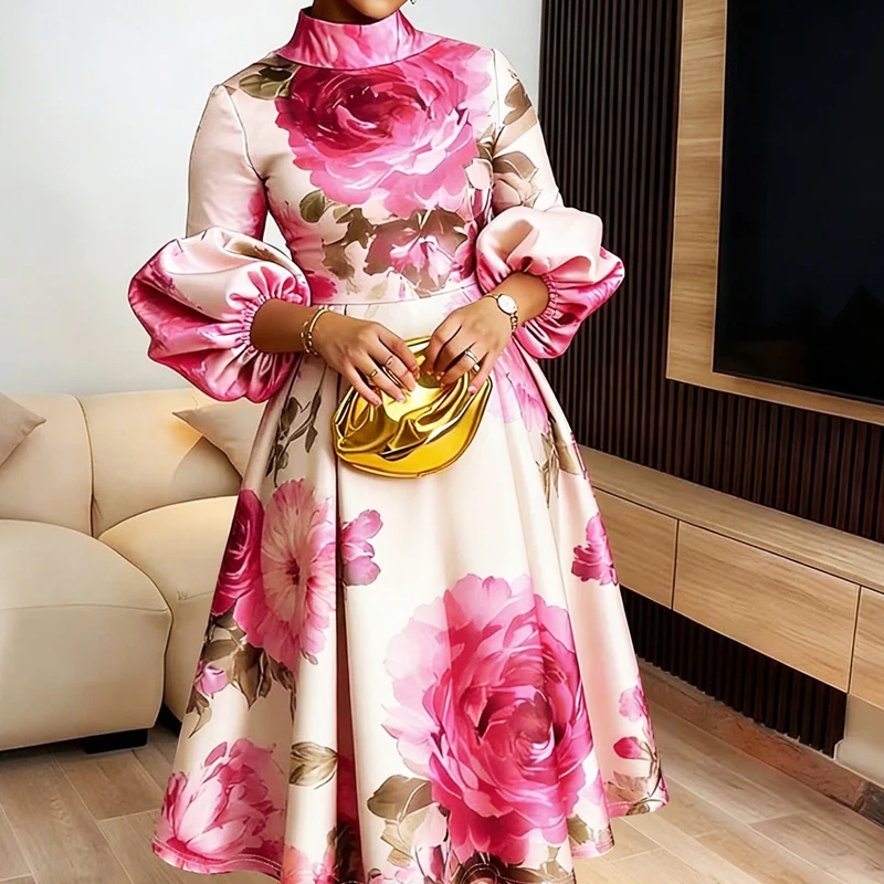 

Летнее повседневное платье А-силуэта с рукавами-фонариками, модное платье с воротником-стойкой, элегантное длинное платье с цветочным принтом для отпуска