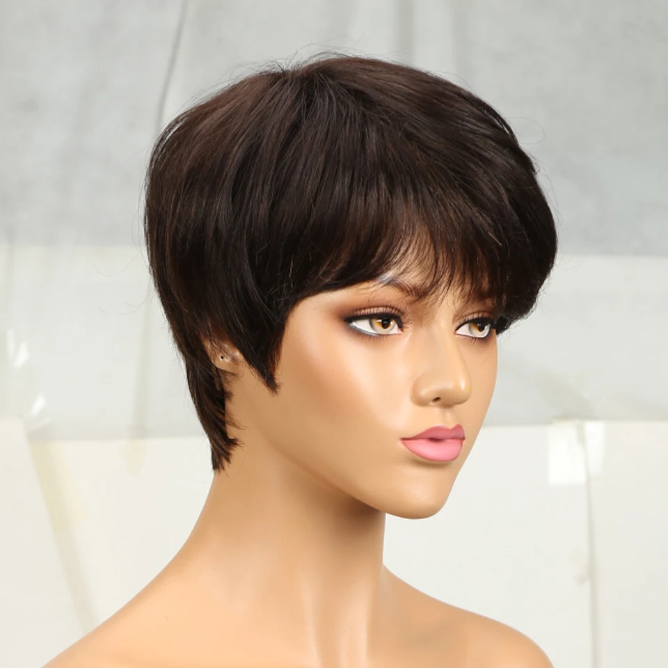Short Pixie Cut Straight Hair Wig Brazilian Remy Hair Human Hair Wigs With Bangs 99J Burgundy P4/30 #4 Wig Cheap Glueless Wig