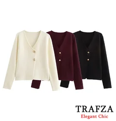 TRAFZA Women's Solid Short Vintage Jacket Golden Buttons V-Neck Jacket New 2024 Fall Winter Jacket High Street Jacket