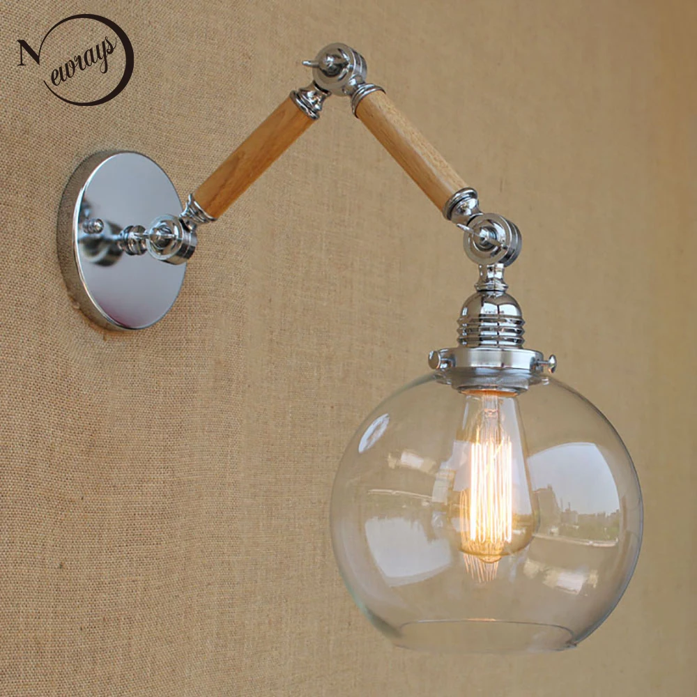 

Nordic adjustable swing arm wood glass ball shade wall lamp reading led vintage light for restaurant bedroom cafe bar