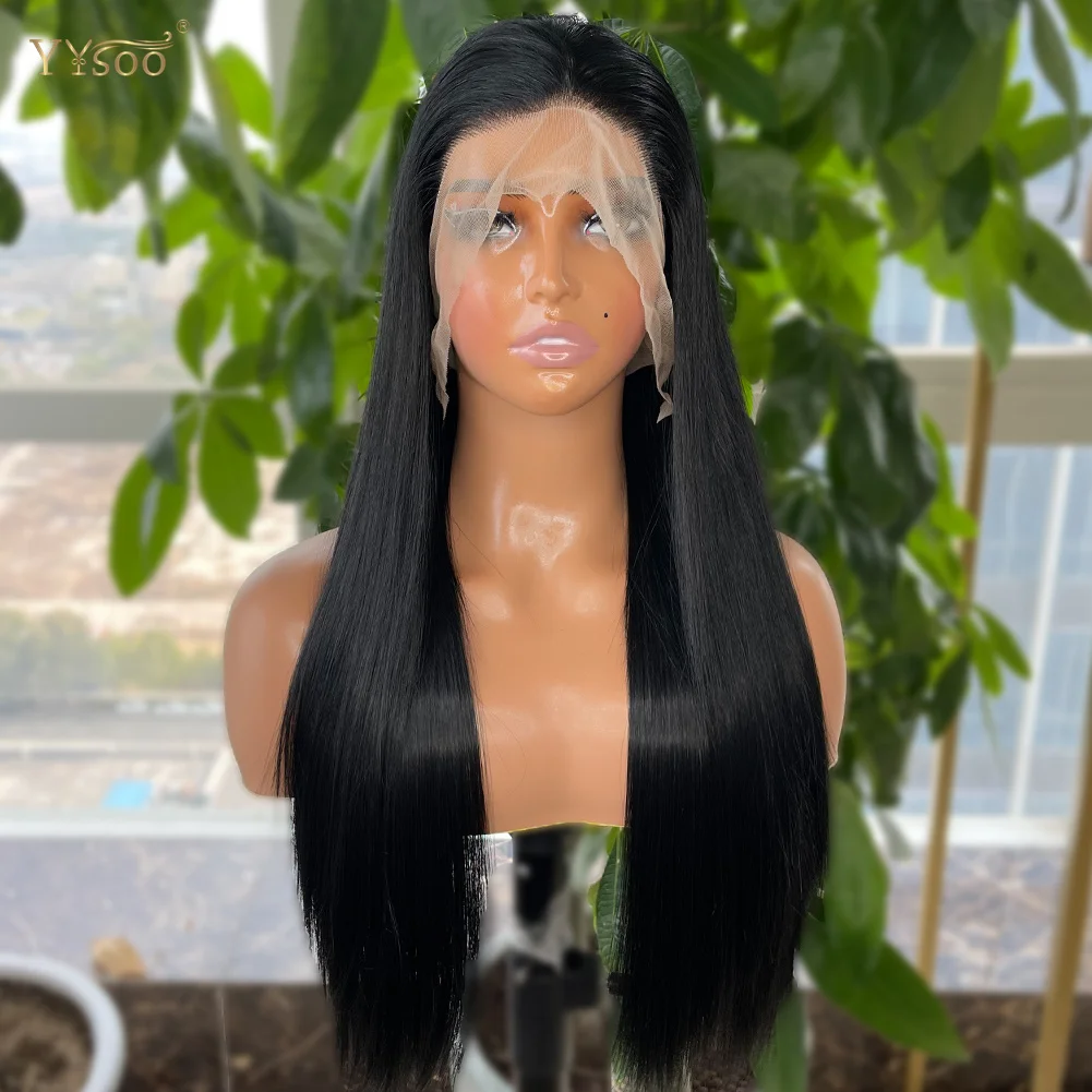 YYsoo 1# Long Silky Straight Dark Black Synthetic Full Lace Wigs for Women Heat Resistant Japan Futura Hair All Hand Tied Wig